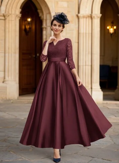 A-Line 3/4 Sleeves Ankle-Length Satin Mother Of The Bride Dresses