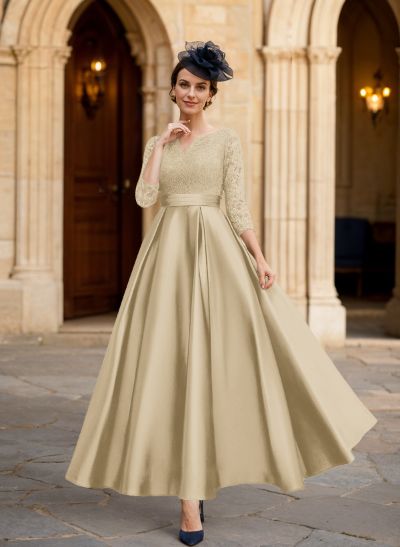 A-Line 3/4 Sleeves Ankle-Length Satin Mother Of The Bride Dresses With Lace