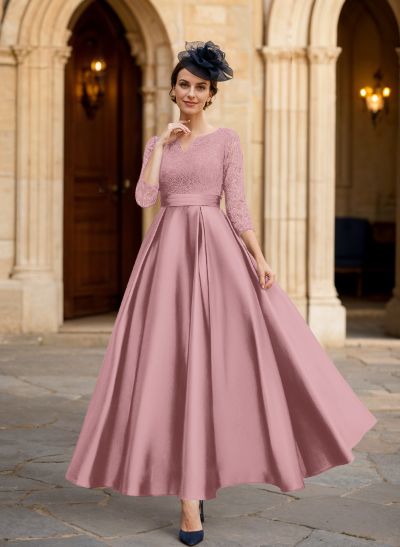 A-Line 3/4 Sleeves Ankle-Length Satin Mother Of The Bride Dresses With Lace