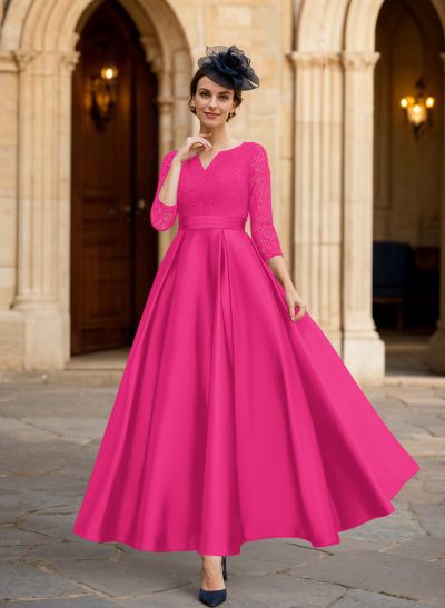 A-Line 3/4 Sleeves Ankle-Length Satin Mother Of The Bride Dresses With Lace