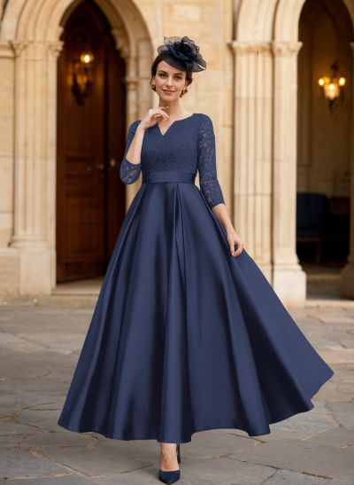 A-Line 3/4 Sleeves Ankle-Length Satin Mother Of The Bride Dresses With Lace