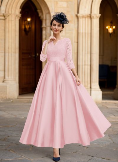 A-Line 3/4 Sleeves Ankle-Length Satin Mother Of The Bride Dresses With Lace
