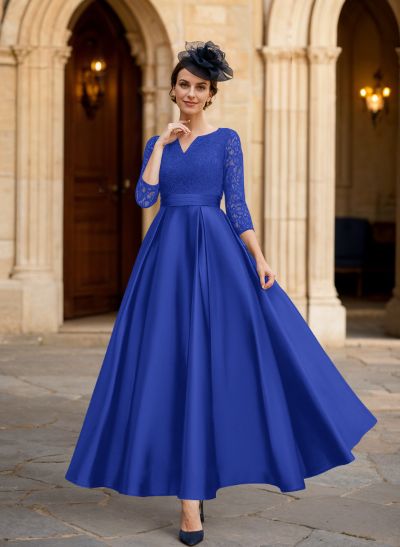 A-Line 3/4 Sleeves Ankle-Length Satin Mother Of The Bride Dresses With Lace