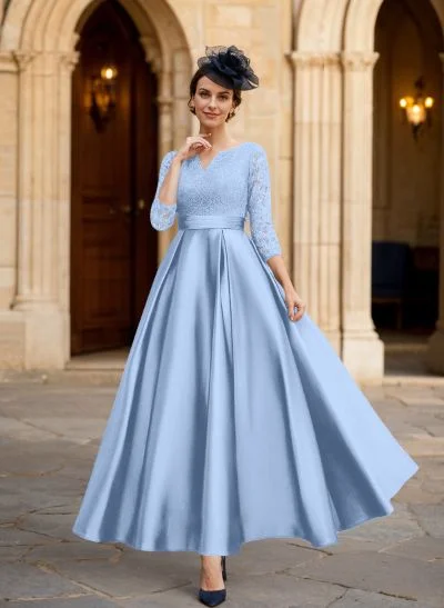 A-Line 3/4 Sleeves Ankle-Length Satin Mother Of The Bride Dresses With Lace - Missacc A-Line 3/4 Sleeves Ankle-Length Satin Mother Of The Bride Dresses With Lace - Missacc