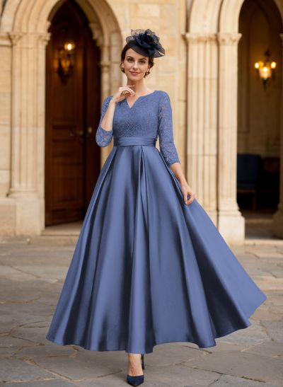 A-Line 3/4 Sleeves Ankle-Length Satin Mother Of The Bride Dresses With Lace