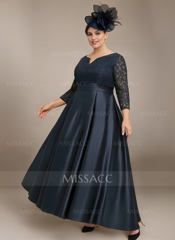 A-Line 3/4 Sleeves Ankle-Length Satin Mother Of The Bride Dresses With Lace