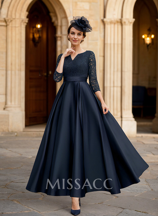 A-Line 3/4 Sleeves Ankle-Length Satin Mother Of The Bride Dresses With Lace