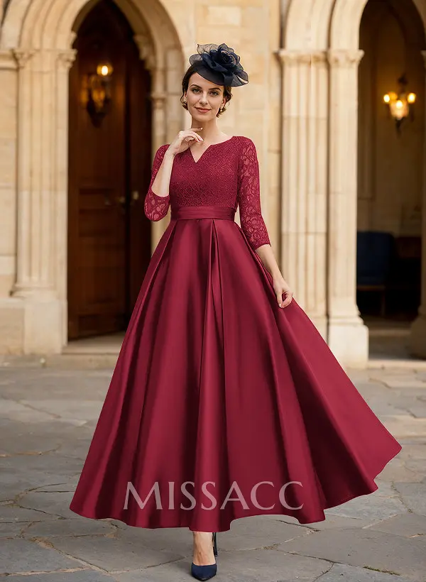 A-Line 3/4 Sleeves Ankle-Length Satin Mother Of The Bride Dresses With Lace