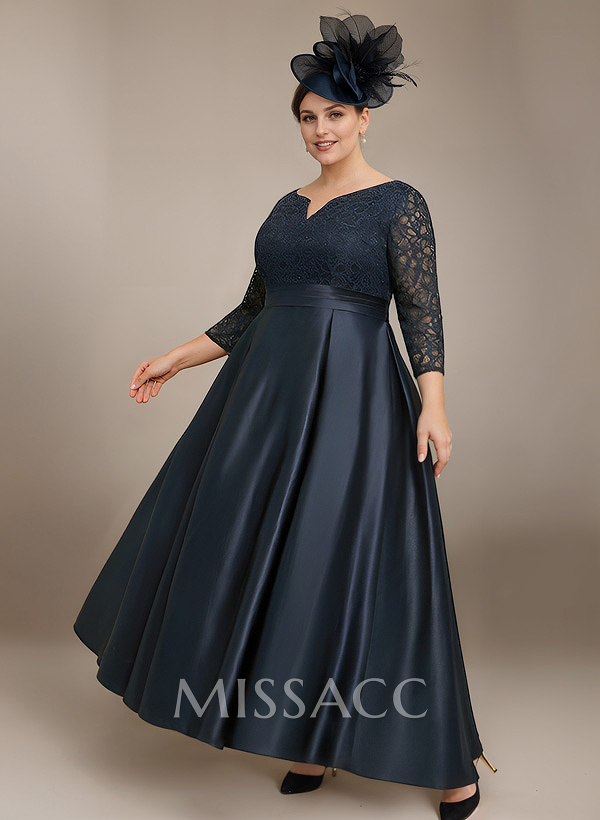 A-Line 3/4 Sleeves Ankle-Length Satin Mother Of The Bride Dresses With Lace