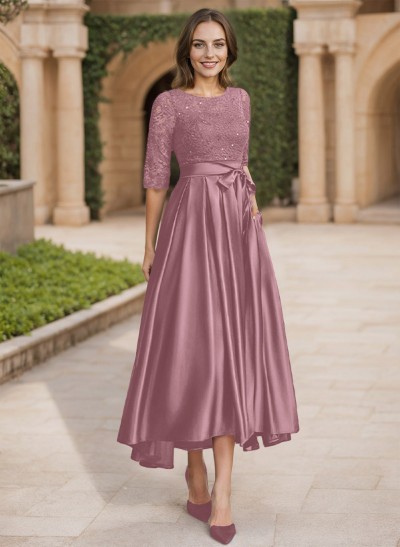 A-Line Scoop Neck 1/2 Sleeves Satin Mother Of The Bride Dresses With Lace