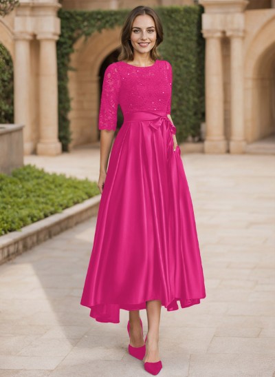 A-Line Scoop Neck 1/2 Sleeves Satin Mother Of The Bride Dresses With Lace