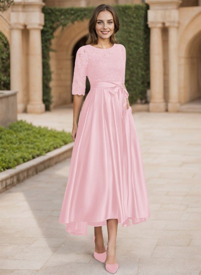 A-Line Scoop Neck 1/2 Sleeves Satin Mother Of The Bride Dresses With Lace