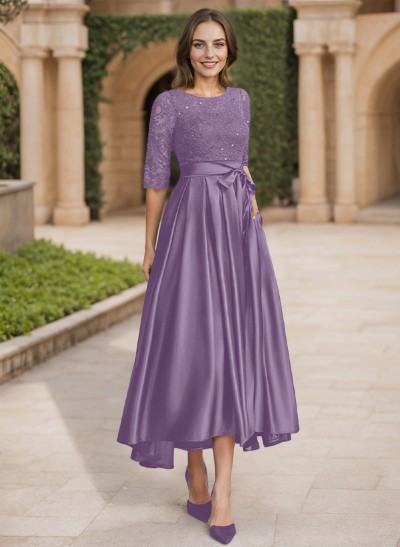 A-Line Scoop Neck 1/2 Sleeves Satin Mother Of The Bride Dresses With Lace