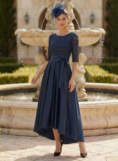 A-Line Scoop Neck 1/2 Sleeves Satin Mother Of The Bride Dresses With Lace