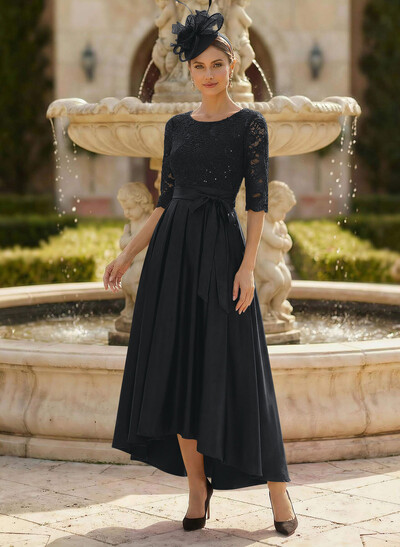 A-Line Scoop Neck 1/2 Sleeves Satin Mother Of The Bride Dresses With Lace