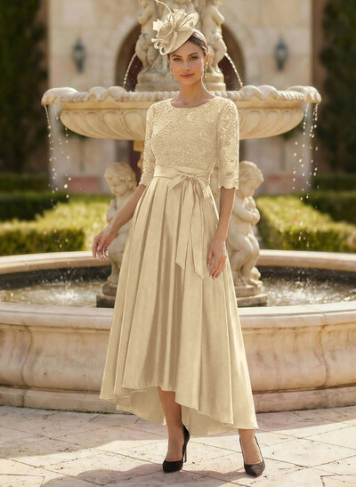A-Line Scoop Neck 1/2 Sleeves Satin Mother Of The Bride Dresses With Lace