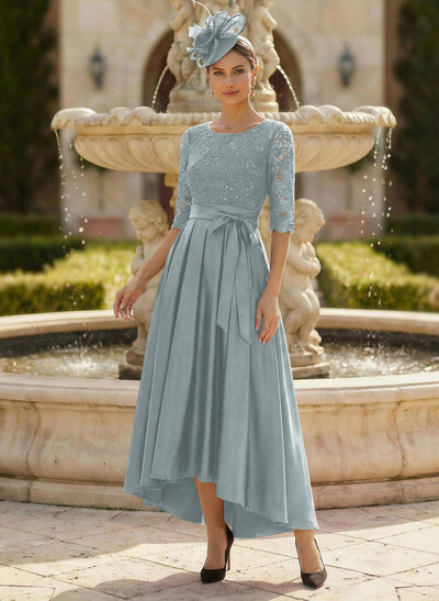 A-Line Scoop Neck 1/2 Sleeves Satin Mother Of The Bride Dresses With Lace