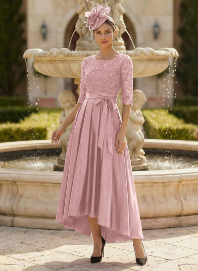 A-Line Scoop Neck 1/2 Sleeves Satin Mother Of The Bride Dresses With Lace
