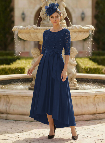 A-Line Scoop Neck 1/2 Sleeves Satin Mother Of The Bride Dresses With Lace