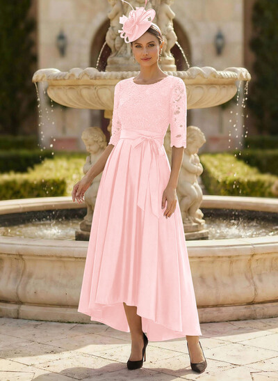 A-Line Scoop Neck 1/2 Sleeves Satin Mother Of The Bride Dresses With Lace