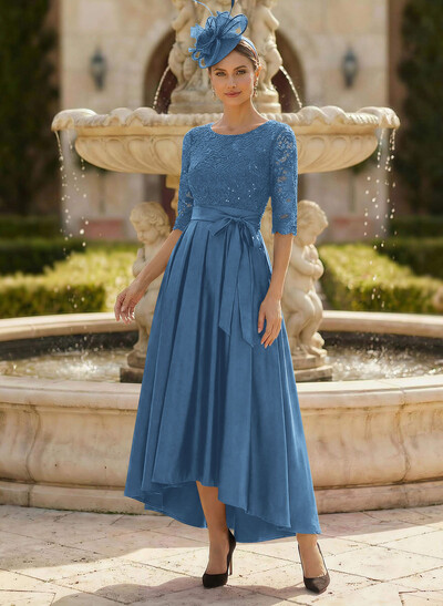 A-Line Scoop Neck 1/2 Sleeves Satin Mother Of The Bride Dresses With Lace