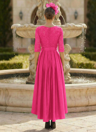 A-Line Scoop Neck 1/2 Sleeves Satin Mother Of The Bride Dresses With Lace