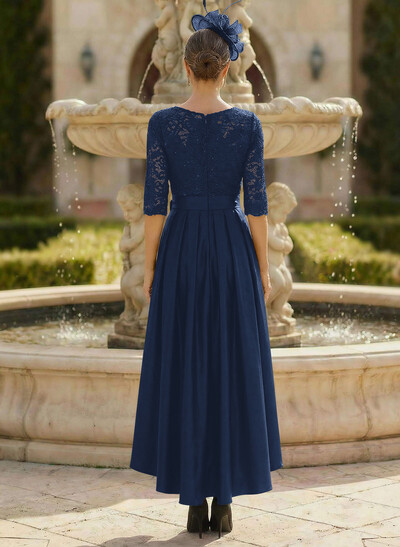 A-Line Scoop Neck 1/2 Sleeves Satin Mother Of The Bride Dresses With Lace