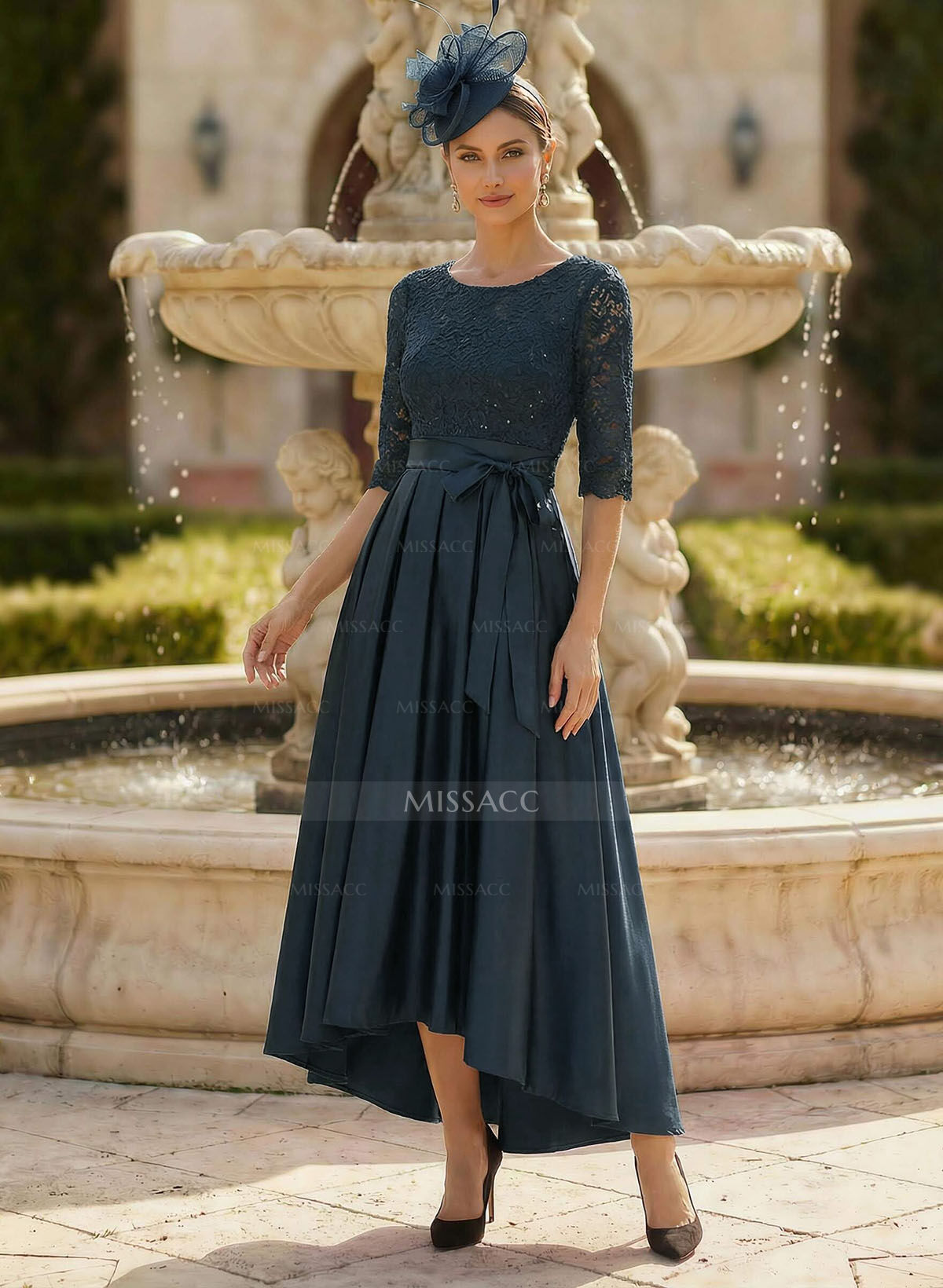 A-Line Scoop Neck 1/2 Sleeves Satin Mother Of The Bride Dresses With Lace