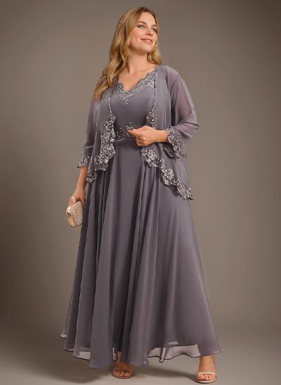 A-Line V-Neck Chiffon Mother Of The Bride Dresses With Appliques Lace