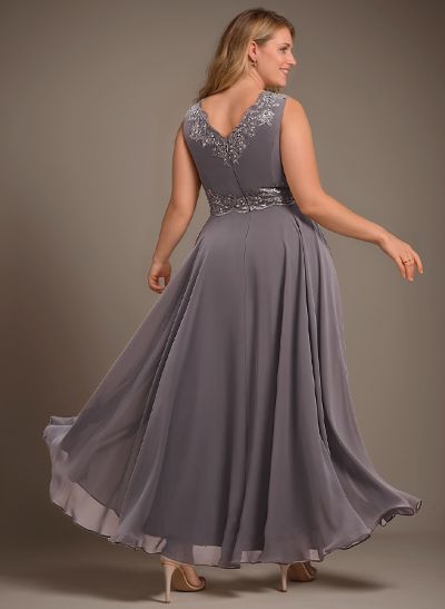 A-Line V-Neck Chiffon Mother Of The Bride Dresses With Appliques Lace