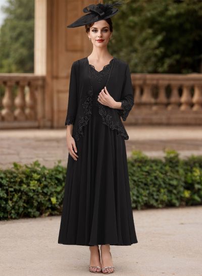 A-Line V-Neck Chiffon Mother Of The Bride Dresses With Appliques Lace