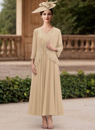 A-Line V-Neck Chiffon Mother Of The Bride Dresses With Appliques Lace