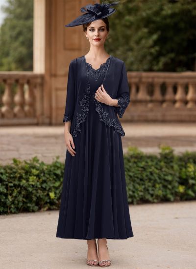 A-Line V-Neck Chiffon Mother Of The Bride Dresses With Appliques Lace