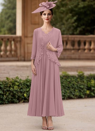 A-Line V-Neck Chiffon Mother Of The Bride Dresses With Appliques Lace