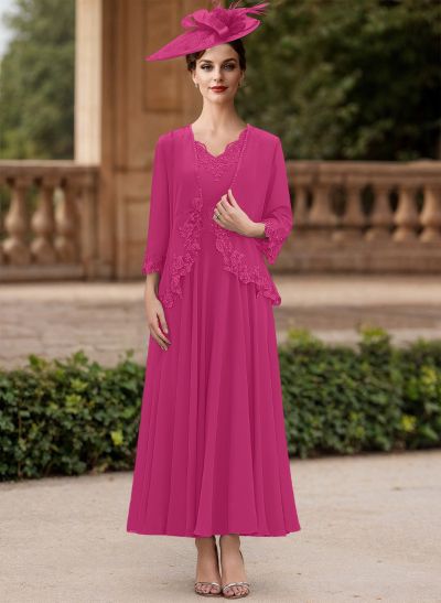 A-Line V-Neck Chiffon Mother Of The Bride Dresses With Appliques Lace