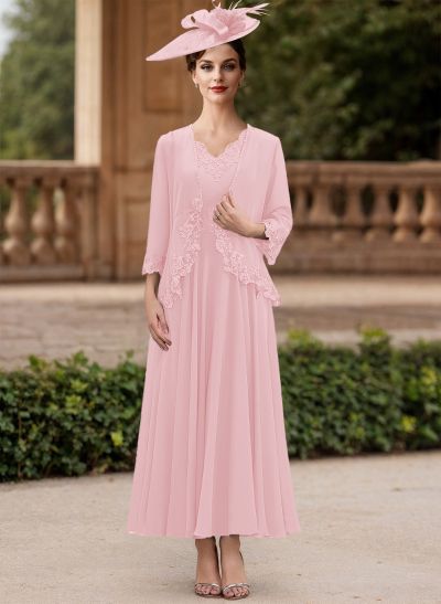 A-Line V-Neck Chiffon Mother Of The Bride Dresses With Appliques Lace