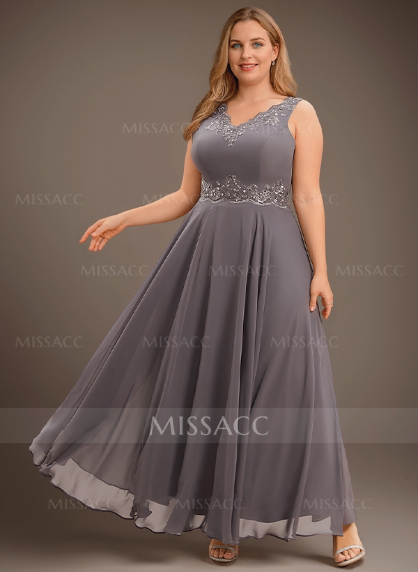 A-Line V-Neck Chiffon Mother Of The Bride Dresses With Appliques Lace