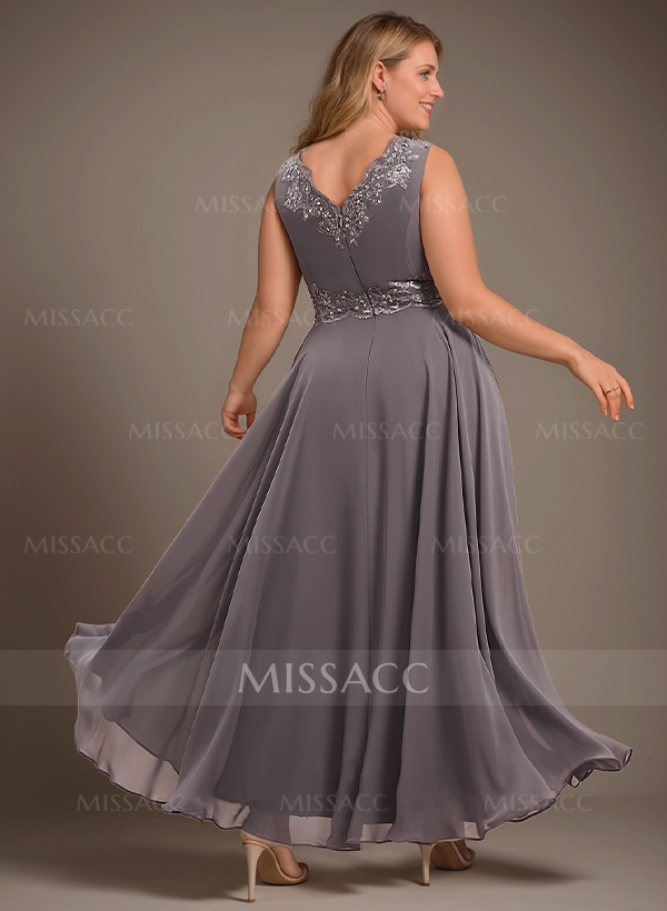 A-Line V-Neck Chiffon Mother Of The Bride Dresses With Appliques Lace