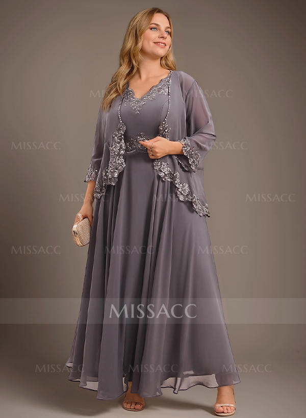 A-Line V-Neck Chiffon Mother Of The Bride Dresses With Appliques Lace