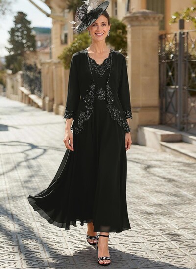 A-Line V-Neck Chiffon Mother Of The Bride Dresses With Appliques Lace