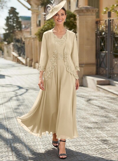 A-Line V-Neck Chiffon Mother Of The Bride Dresses With Appliques Lace