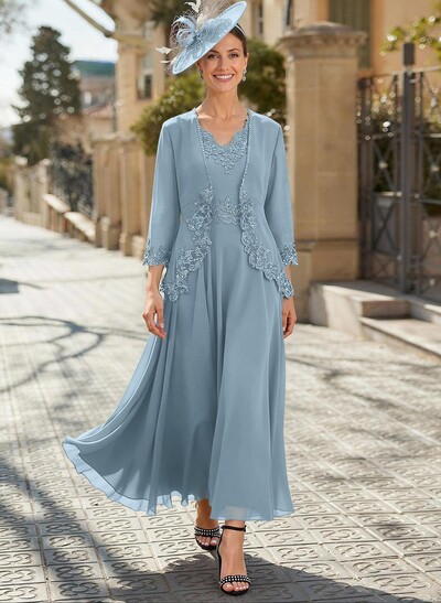 A-Line V-Neck Chiffon Mother Of The Bride Dresses With Appliques Lace