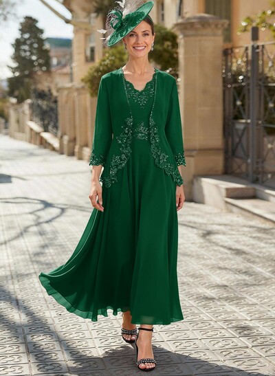 A-Line V-Neck Chiffon Mother Of The Bride Dresses With Appliques Lace
