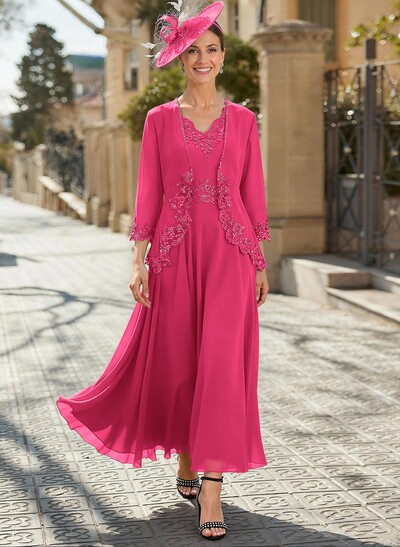 A-Line V-Neck Chiffon Mother Of The Bride Dresses With Appliques Lace
