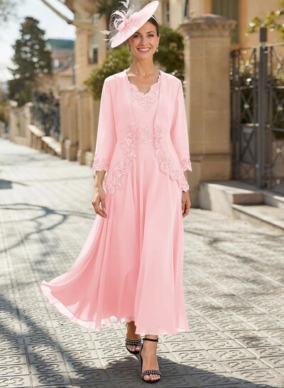 A-Line V-Neck Chiffon Mother Of The Bride Dresses With Appliques Lace