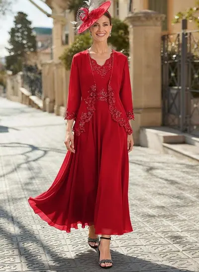 A-Line V-Neck Chiffon Mother Of The Bride Dresses With Appliques