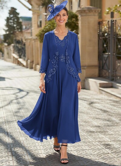 A-Line V-Neck Chiffon Mother Of The Bride Dresses With Appliques Lace