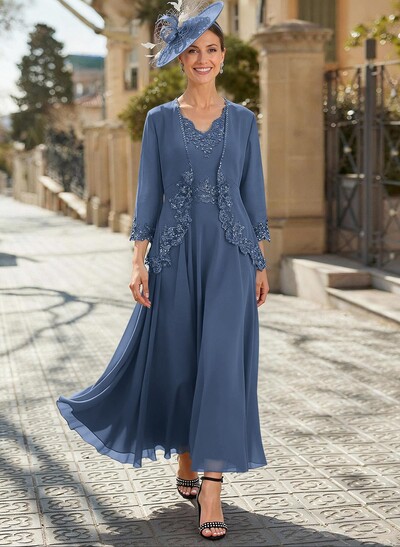 A-Line V-Neck Chiffon Mother Of The Bride Dresses With Appliques Lace