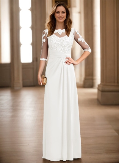 A-Line Illusion Neck 1/2 Sleeves Chiffon Mother Of The Bride Dresses With Appliques Lace
