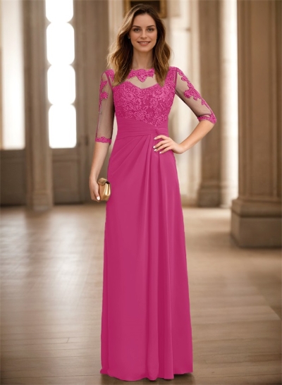 A-Line Illusion Neck 1/2 Sleeves Chiffon Mother Of The Bride Dresses With Appliques Lace